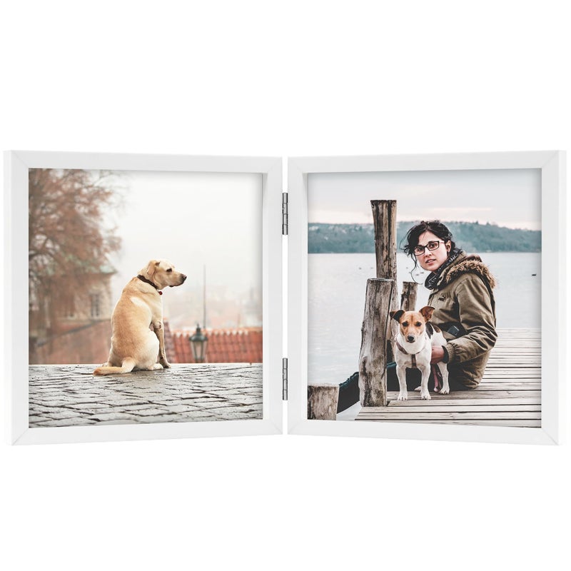 Forev 5x5 Double Picture Frame Wooden Hinged Photo Frame Definition Glass Stand Vertically on Desktop or Tabletop White - Image 1